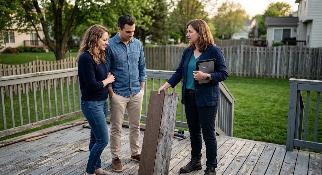 Deck design consultant showing a composite board sample next to an old wood deck with homeowners