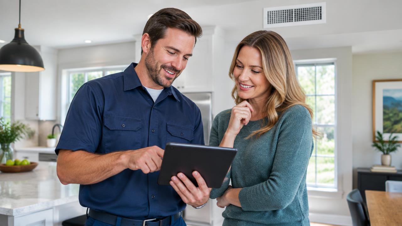 HVAC professional reviewing a proposal with a homeowner