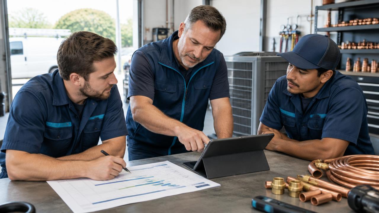 HVAC team planning business growth at their workshop