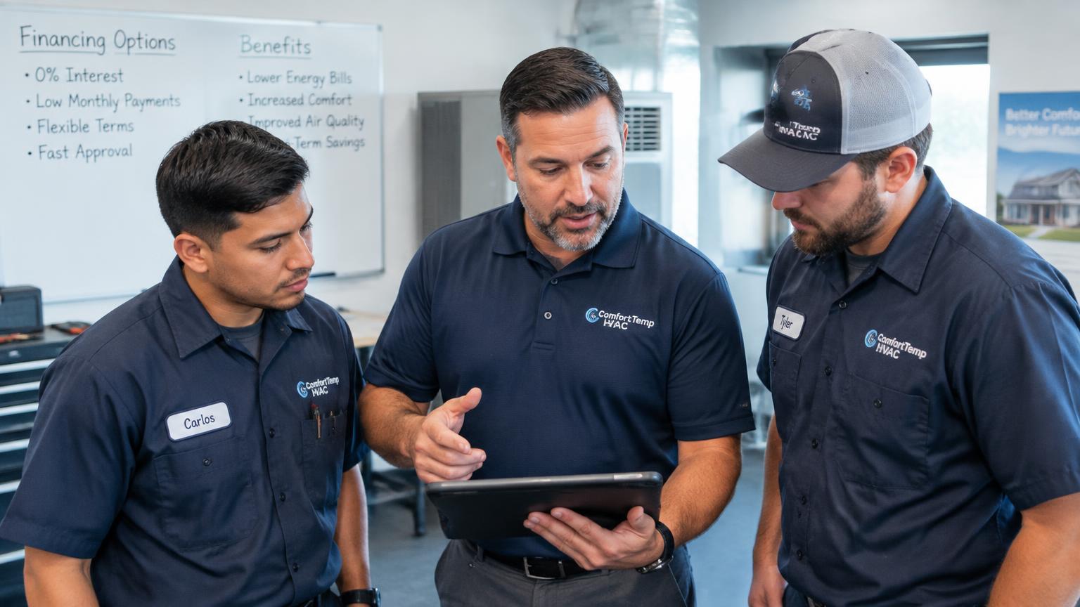 HVAC sales manager training technicians on how to present financing options
