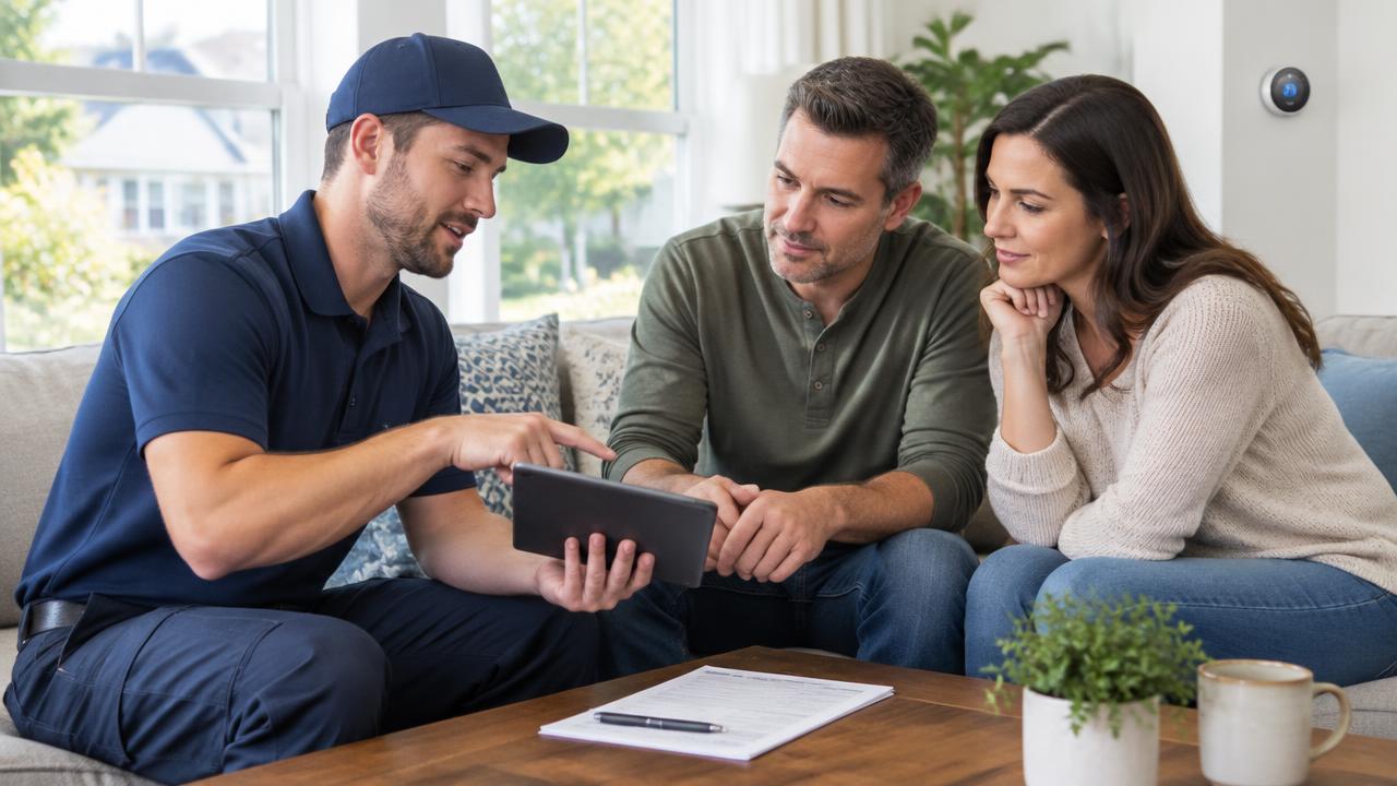 HVAC technician discussing options with homeowners