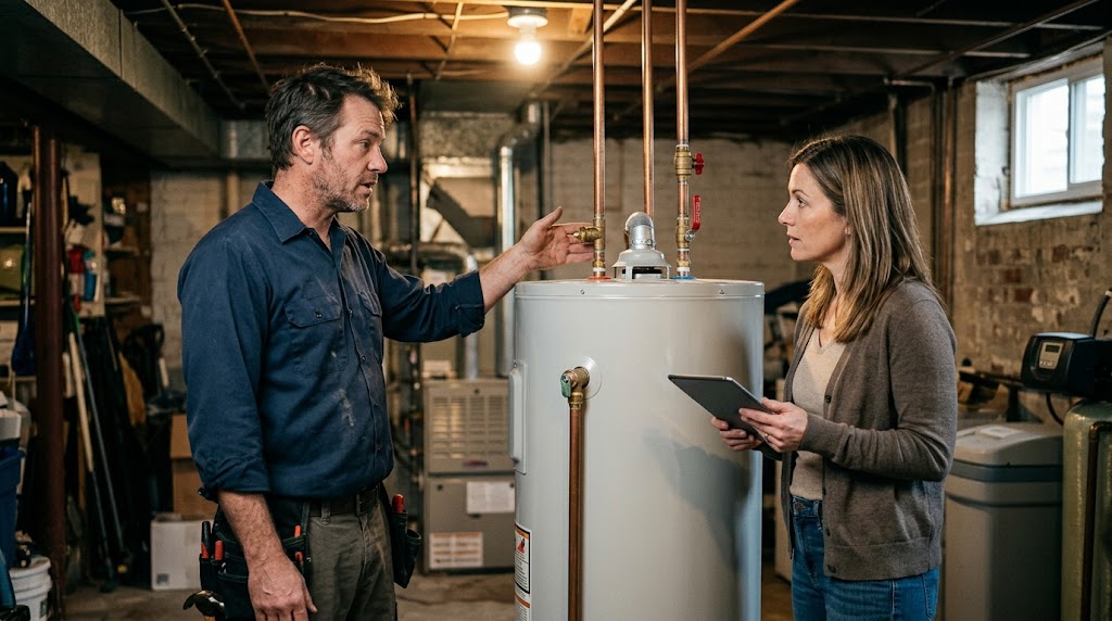 Plumber and homeowner looking at a leak under a kitchen sink