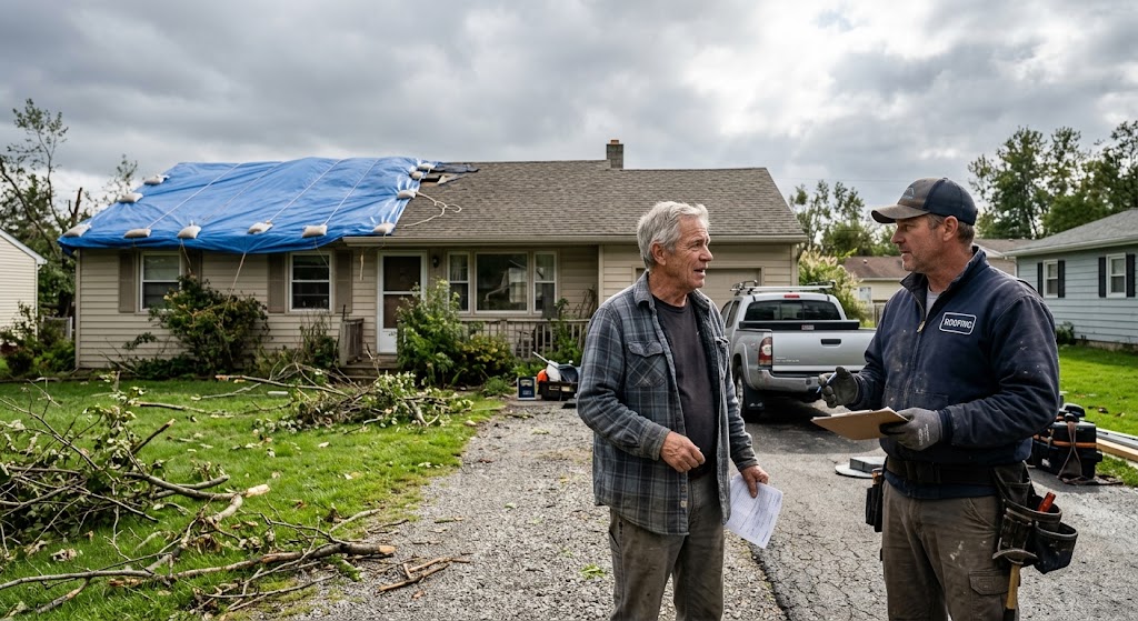 Home with a blue tarp over storm damage on the roof while a roofer talks with the owner